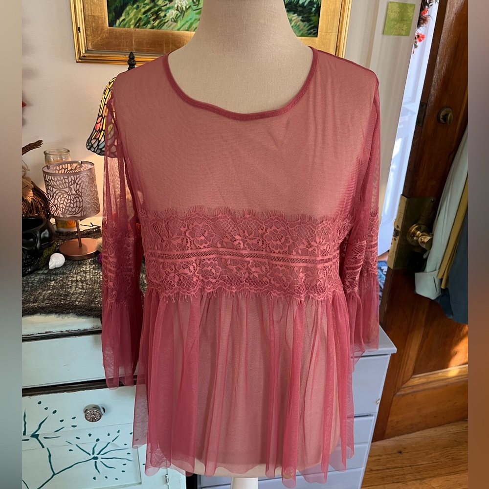 Ups and Downs Mesh Shirt Top L Rose Pink VGUC Vintage Style Dressy Holiday
